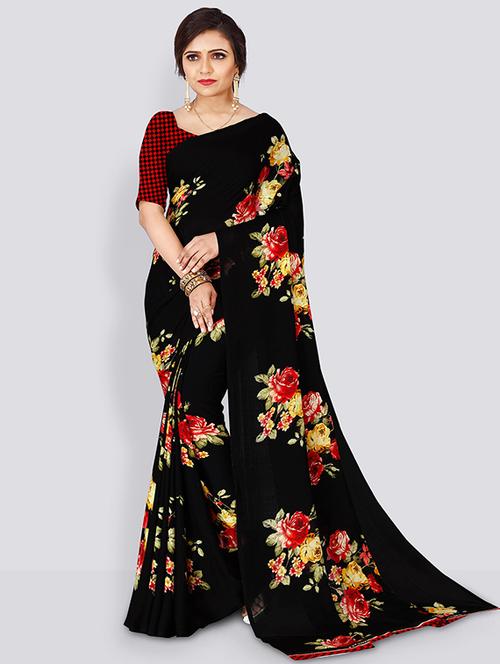 women black floral printed saree with blouse - 21432080 - Very Small Image - 1
