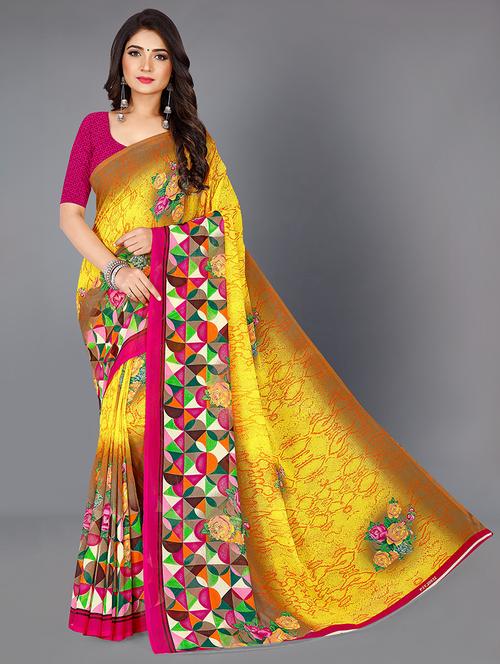 women yellow printed georgette saree with blouse - 21432094 - Very Small Image - 1