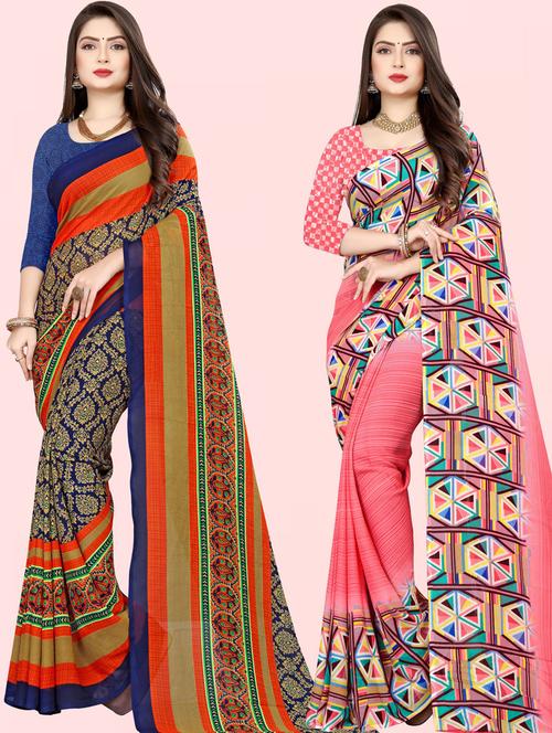 women multi color printed combo saree with blouse - 21432162 - Very Small Image - 1