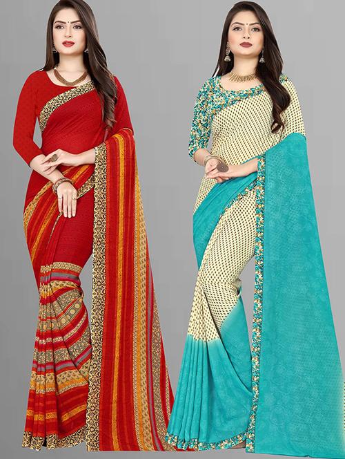 pack of 2 printed casual wear sarees with blouse - 21432221 - Very Small Image - 1