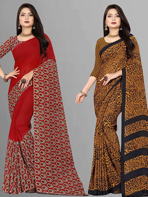 pack of 2 printed casual wear sarees with blouse - 21432248 - Very Small Image - 1