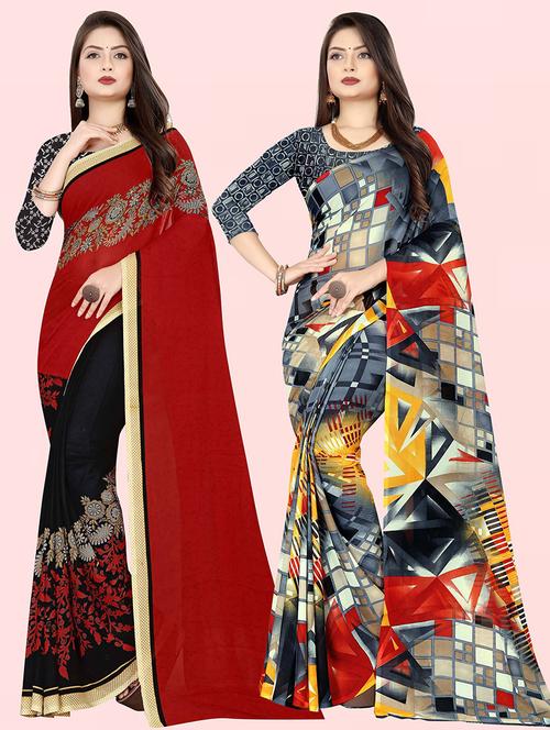 pack of 2 printed casual wear sarees with blouse - 21432391 - Very Small Image - 1