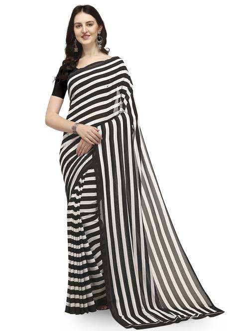 women black stripes printed saree with blouse - 21432396 - Very Small Image - 1
