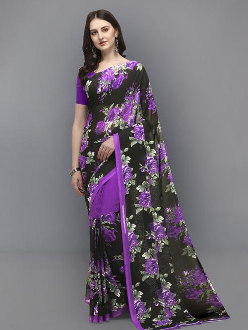 women purple floral printed saree with blouse - 21432397 - Very Small Image - 1