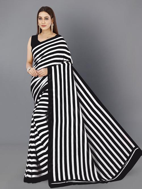 women black stripes printed saree with blouse - 21432414 - Very Small Image - 1