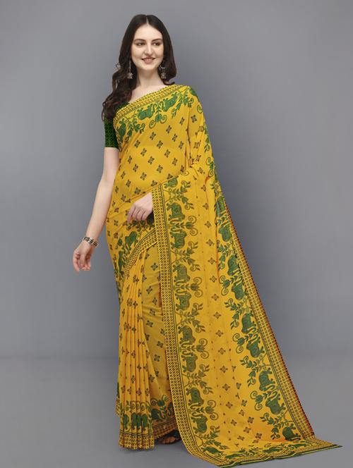 women yellow printed saree with blouse - 21432415 - Very Small Image - 1