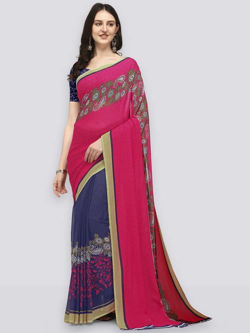 women navy blue printed georgette saree with blouse - 21432420 - Very Small Image - 1