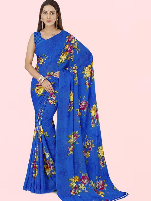 women light blue floral printed saree with blouse - 21432435 - Very Small Image - 1