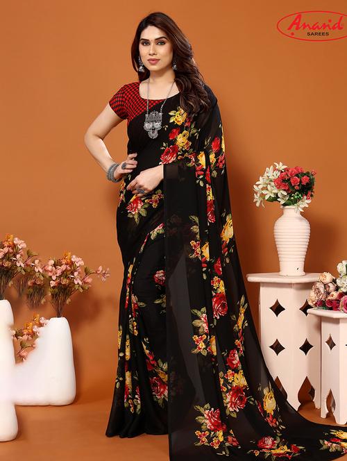 women black floral printed saree with blouse - 21432733 - Very Small Image - 1