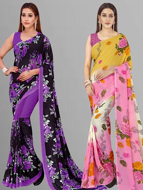 pack of 2 printed casual wear sarees with blouse - 21432800 - Very Small Image - 1