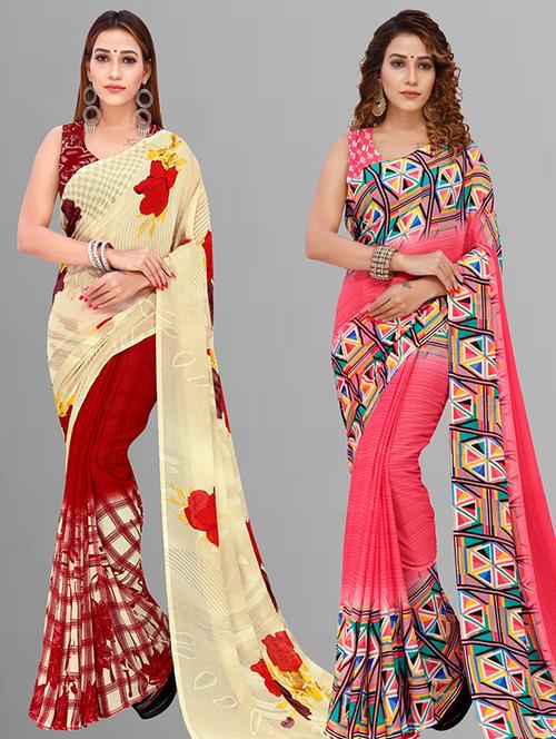 pack of 2 printed casual wear sarees with blouse - 21432809 - Very Small Image - 1