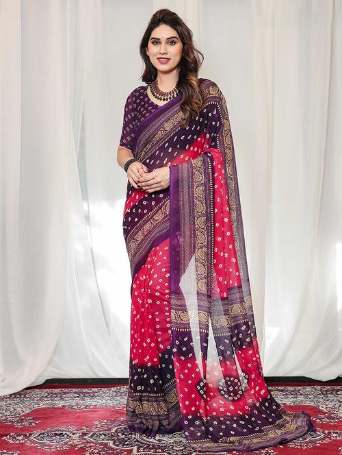 women pink bandhani printed saree with blouse - 21433875 - Very Small Image - 1