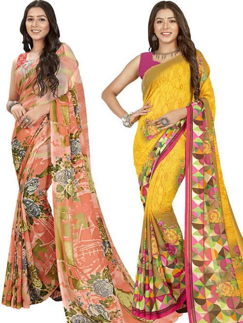 pack of 2 printed sarees with blouse - 21435715 - Very Small Image - 1