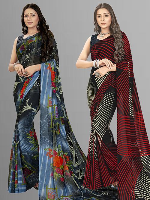 pack of 2 printed casual wear sarees with blouse - 21435820 - Very Small Image - 1