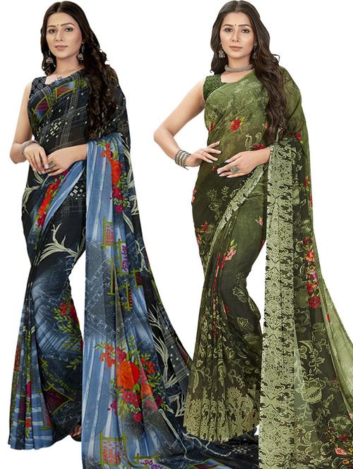 pack of 2 printed casual wear sarees with blouse - 21435886 - Very Small Image - 1
