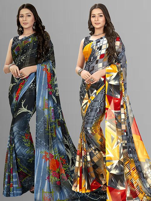 pack of 2 printed casual wear sarees with blouse - 21435898 - Very Small Image - 1
