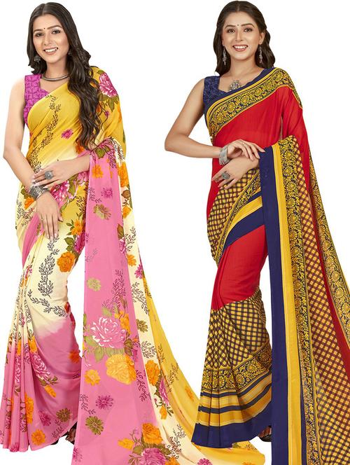pack of 2 printed casual wear sarees with blouse - 21435911 - Very Small Image - 1