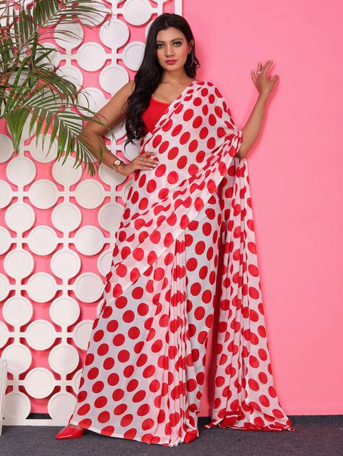 women white polka dots printed saree with blouse - 21436233 - Very Small Image - 1
