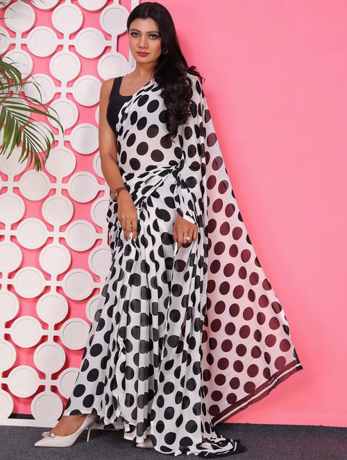 women white polka dots printed saree with blouse - 21436257 - Very Small Image - 1