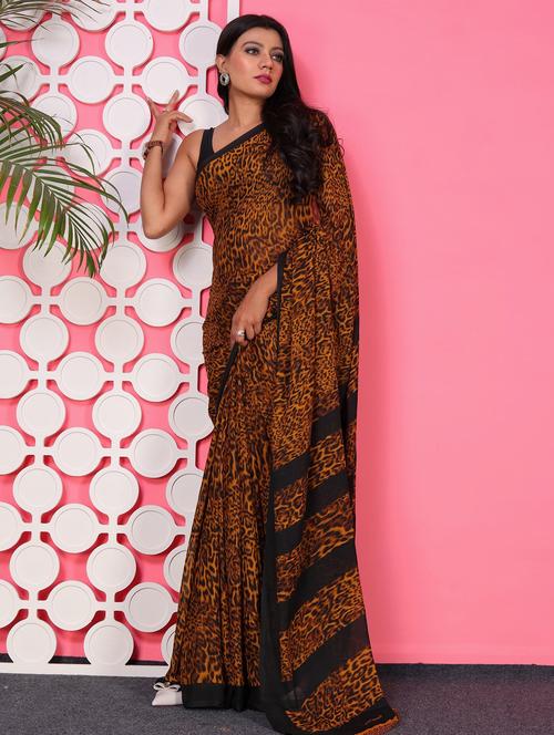 women brown printed saree with blouse - 21436261 - Very Small Image - 1