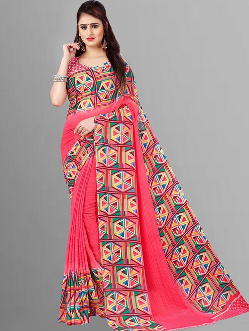 women pink geometric printed saree with blouse - 21436292 - Very Small Image - 1