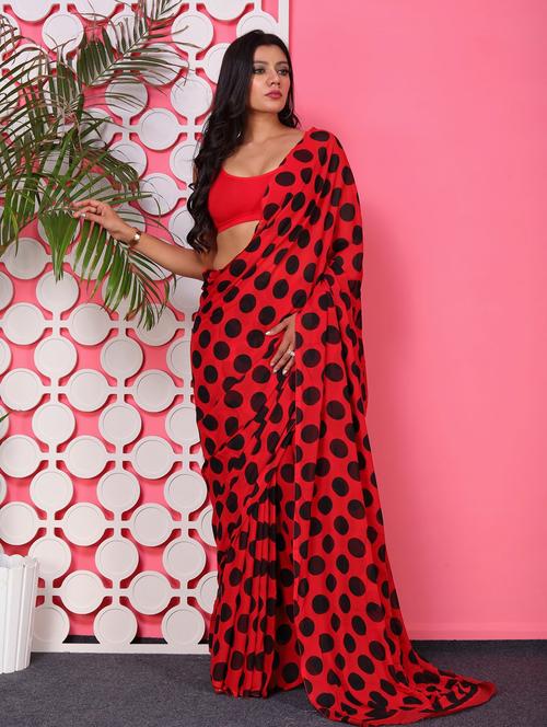 women red polka dots printed saree with blouse - 21436296 - Very Small Image - 1