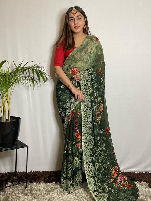 women green floral printed saree with blouse - 21436477 - Very Small Image - 1