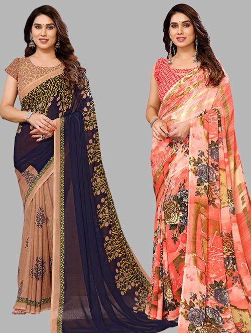 pack of 2 printed sarees with blouse - 21439655 - Very Small Image - 1