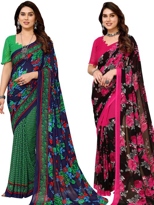 pack of 2 printed casual wear sarees with blouse - 21439742 - Very Small Image - 1