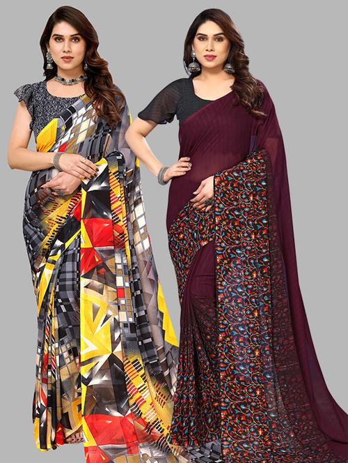 pack of 2 printed sarees with blouse - 21439753 - Very Small Image - 1