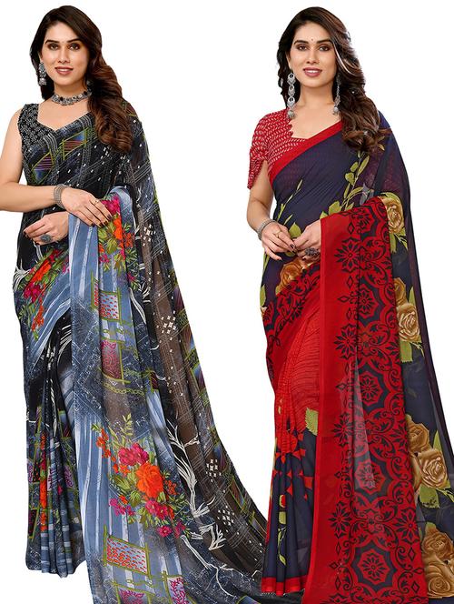 pack of 2 printed sarees with blouse - 21439906 - Very Small Image - 1