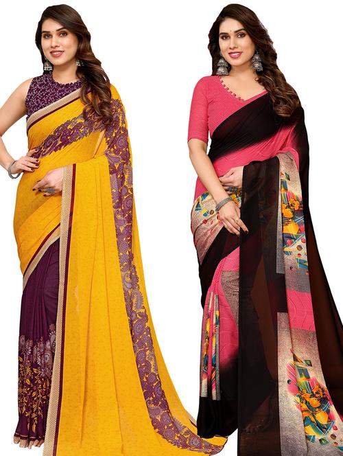 pack of 2 printed sarees with blouse - 21440016 - Very Small Image - 1
