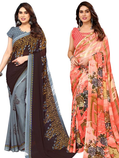 women pack of 2 casual wear sarees with blouse - 21440039 - Very Small Image - 1