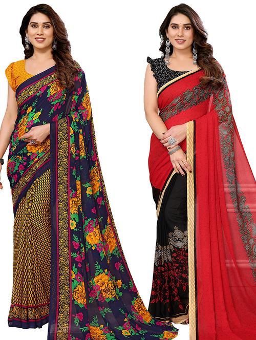 pack of 2 printed casual wear sarees with blouse - 21440044 - Very Small Image - 1
