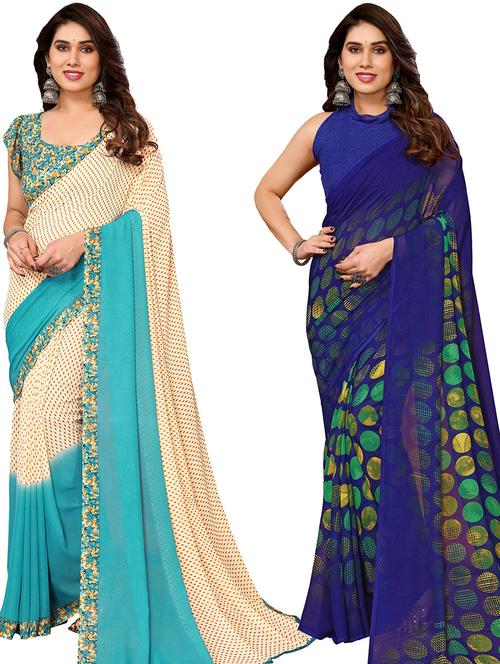 pack of 2 printed casual wear sarees with blouse - 21440111 - Very Small Image - 1