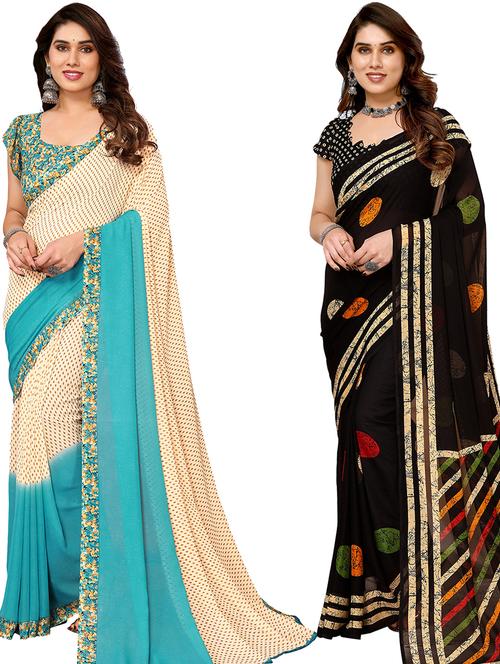 pack of 2 printed casual wear sarees with blouse - 21440126 - Very Small Image - 1