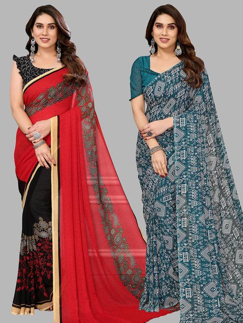 pack of 2 printed casual wear sarees with blouse - 21440185 - Very Small Image - 1