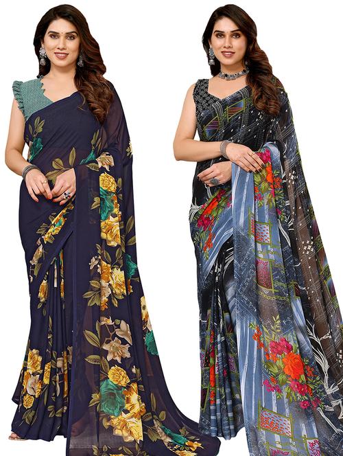 pack of 2 printed sarees with blouse - 21440219 - Very Small Image - 1
