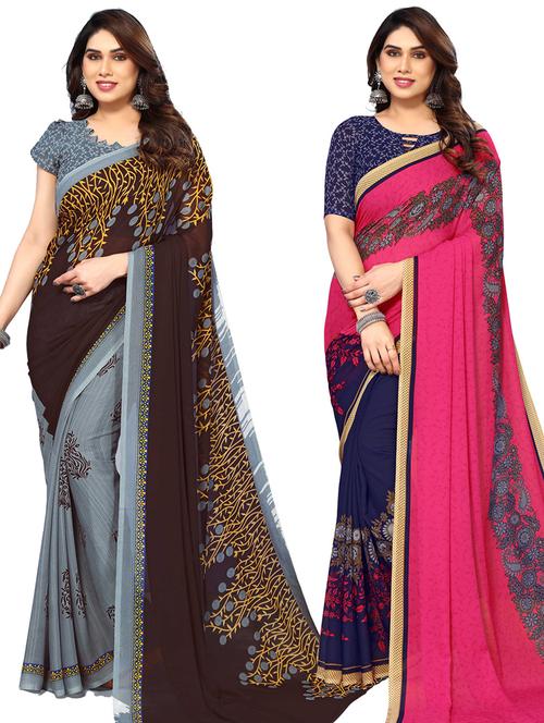 pack of 2 printed casual wear sarees with blouse - 21440235 - Very Small Image - 1