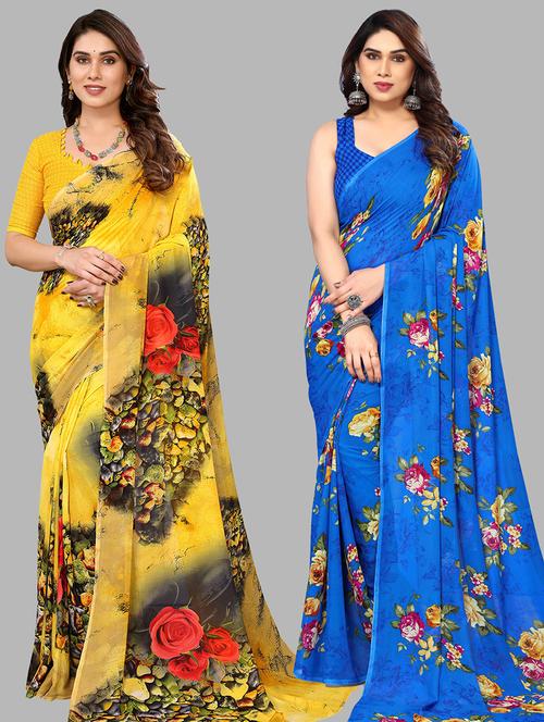 pack of 2 printed casual wear sarees with blouse - 21440240 - Very Small Image - 1