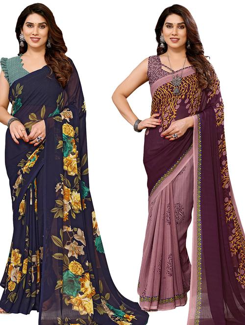 pack of 2 printed casual wear sarees with blouse - 21440271 - Very Small Image - 1
