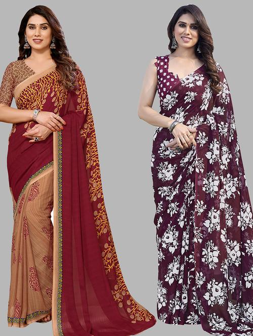 pack of 2 printed casual wear sarees with blouse - 21440330 - Very Small Image - 1