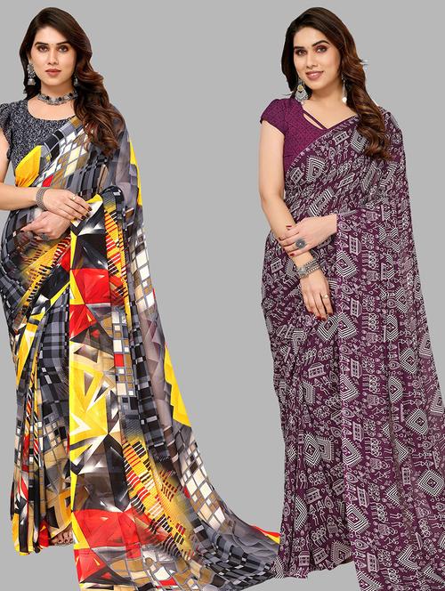 pack of 2 printed casual wear sarees with blouse - 21440353 - Very Small Image - 1
