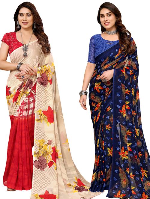 pack of 2 printed casual wear sarees with blouse - 21440375 - Very Small Image - 1