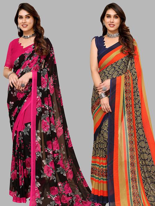 pack of 2 printed casual wear sarees with blouse - 21440517 - Very Small Image - 1