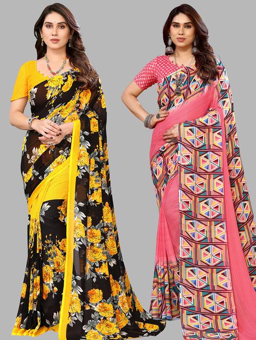 pack of 2 printed casual wear sarees with blouse - 21440531 - Very Small Image - 1