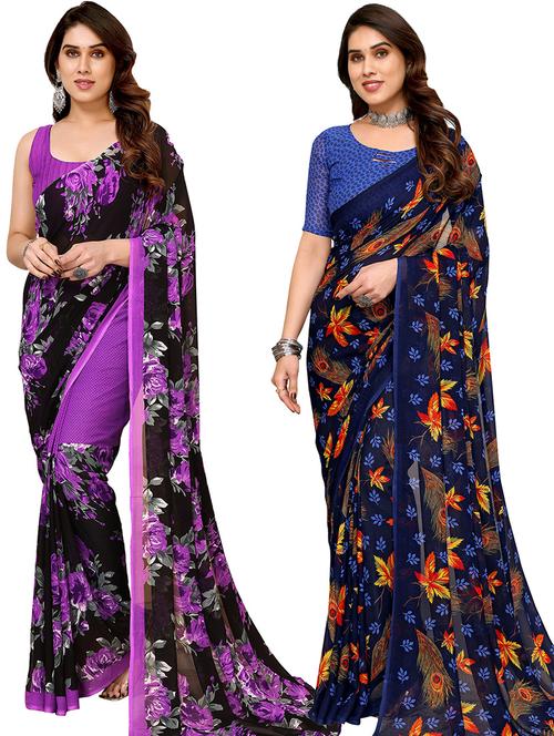 pack of 2 printed casual wear sarees with blouse - 21440545 - Very Small Image - 1