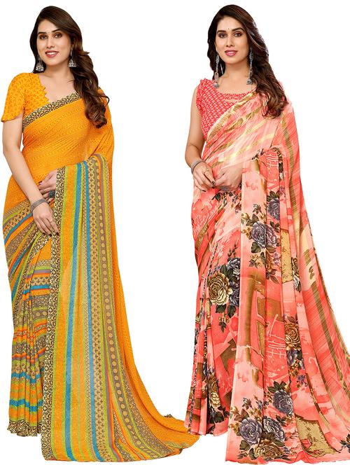 pack of 2 printed casual wear sarees with blouse - 21440573 - Very Small Image - 1