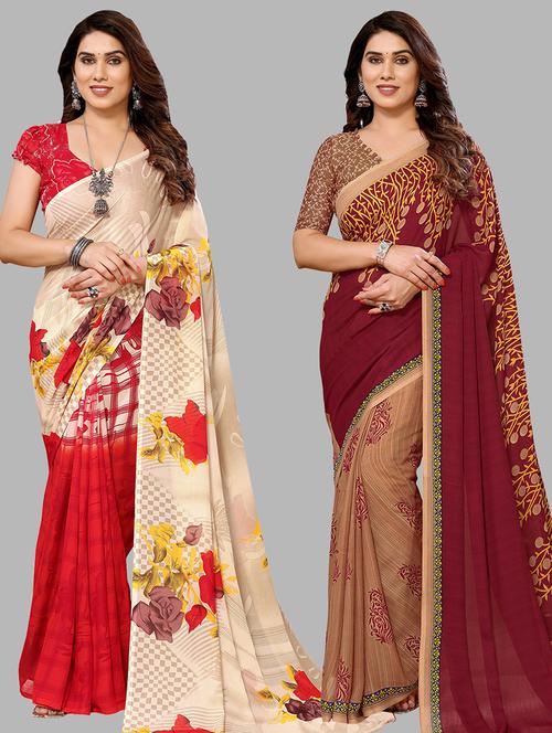 pack of 2 printed casual wear sarees with blouse - 21440614 - Very Small Image - 1
