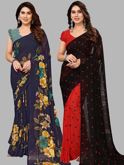 pack of 2 printed casual wear sarees with blouse - 21440633 - Very Small Image - 1